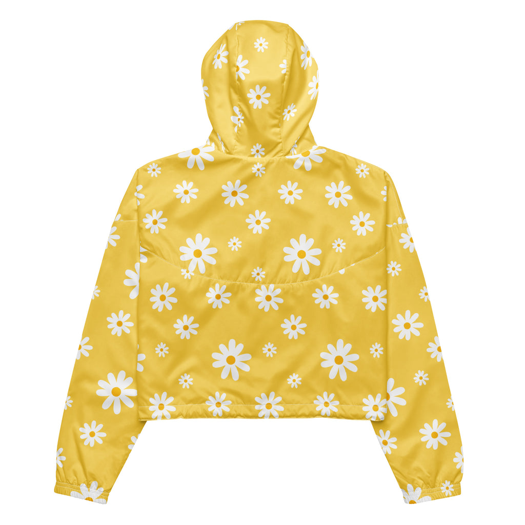 Women’s yellow daisy cropped windbreaker lightweight water resistant jacket with adjustable hood and pockets front view