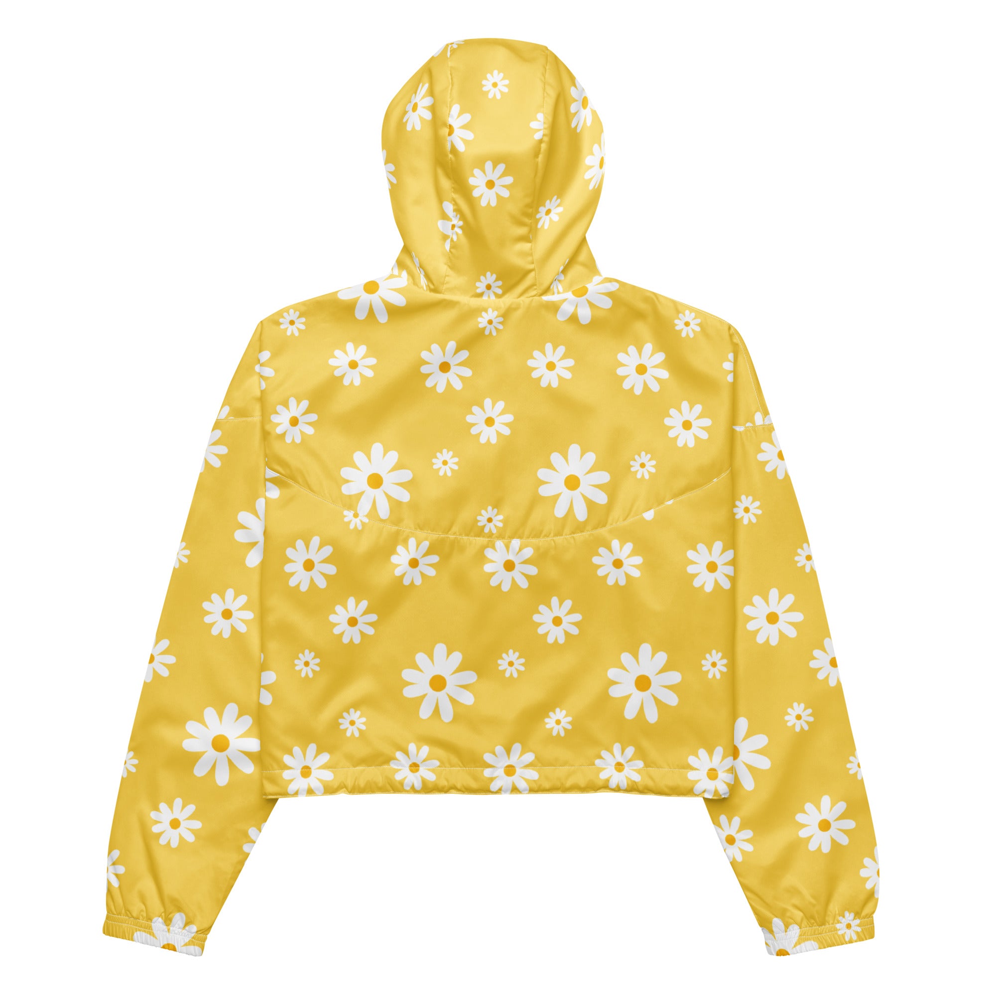 Women’s yellow daisy cropped windbreaker lightweight water resistant jacket with adjustable hood and pockets front view