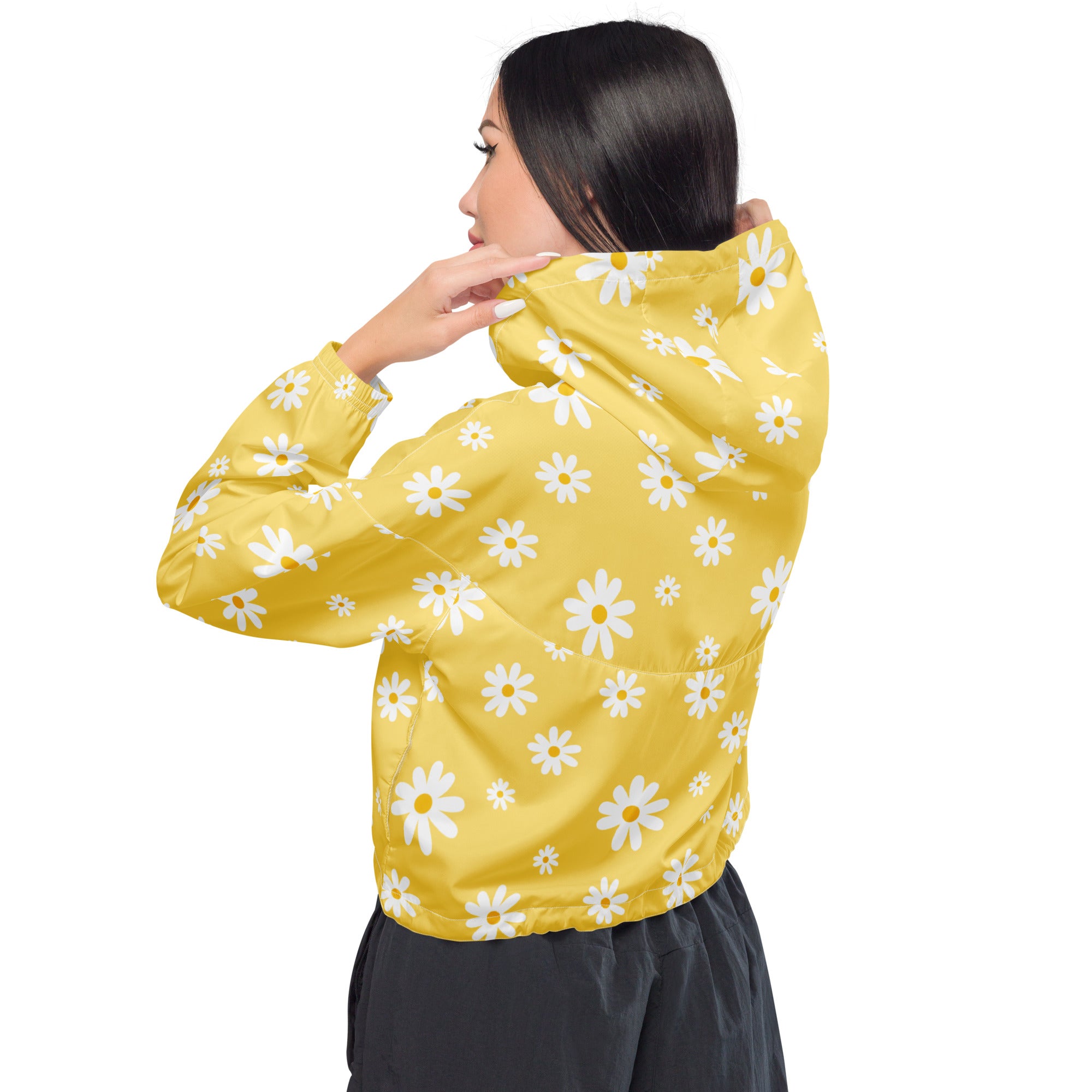 Women’s yellow daisy cropped windbreaker with white daisy pattern lightweight water resistant jacket with hood and pockets