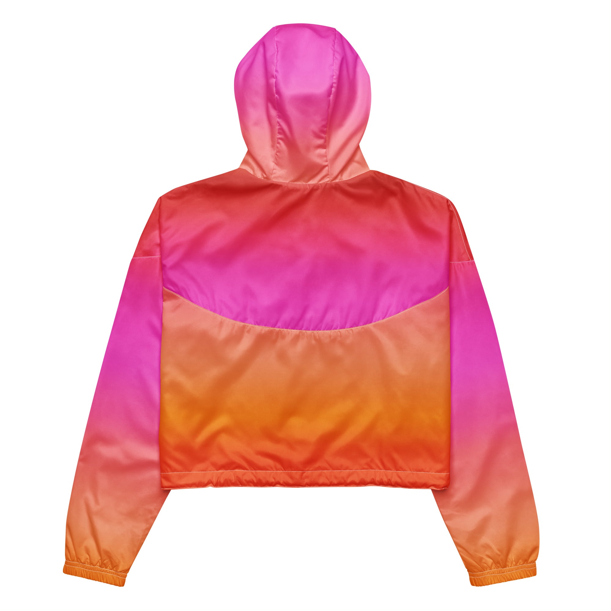 Women’s sunset ombre cropped windbreaker in vibrant pink orange and magenta nylon with adjustable hood and pockets