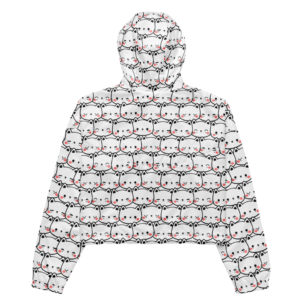 White cropped windbreaker with adjustable hood featuring black outlined cartoon cats with pink blush cheeks pattern