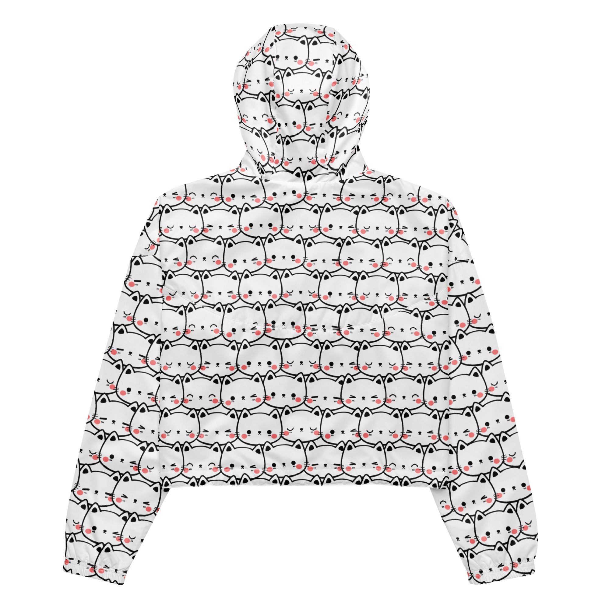 White cropped windbreaker with adjustable hood featuring black outlined cartoon cats with pink blush cheeks pattern