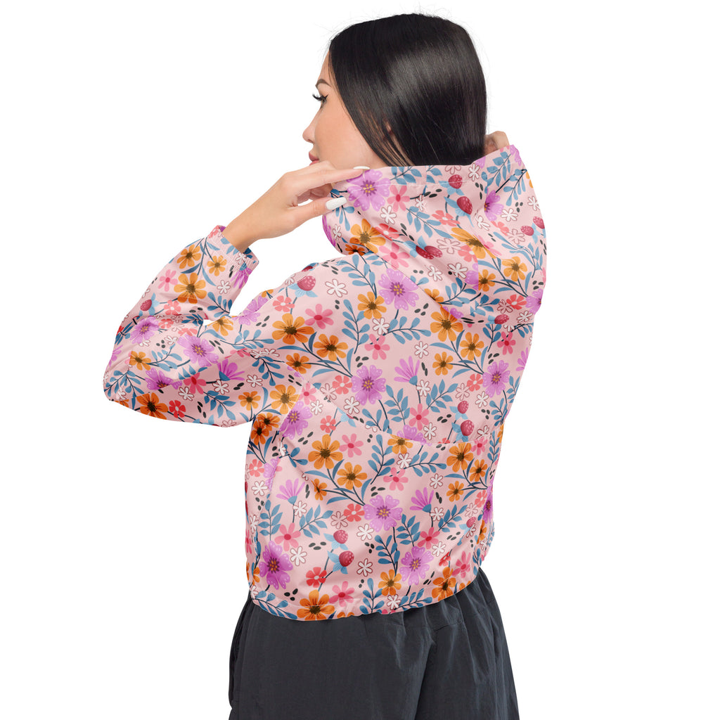 Women’s pink floral cropped windbreaker with vibrant orange purple and blue blossoms lightweight hooded jacket