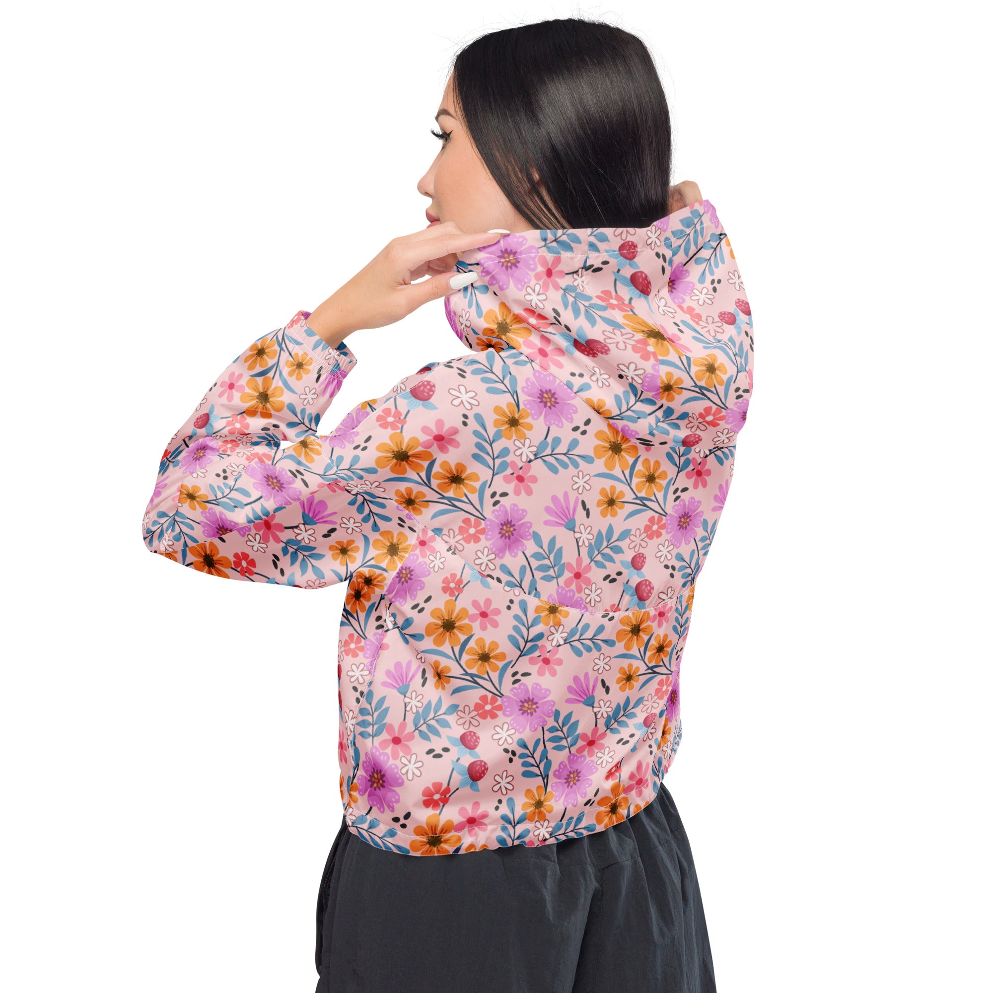 Women’s pink floral cropped windbreaker with vibrant orange purple and blue blossoms lightweight hooded jacket