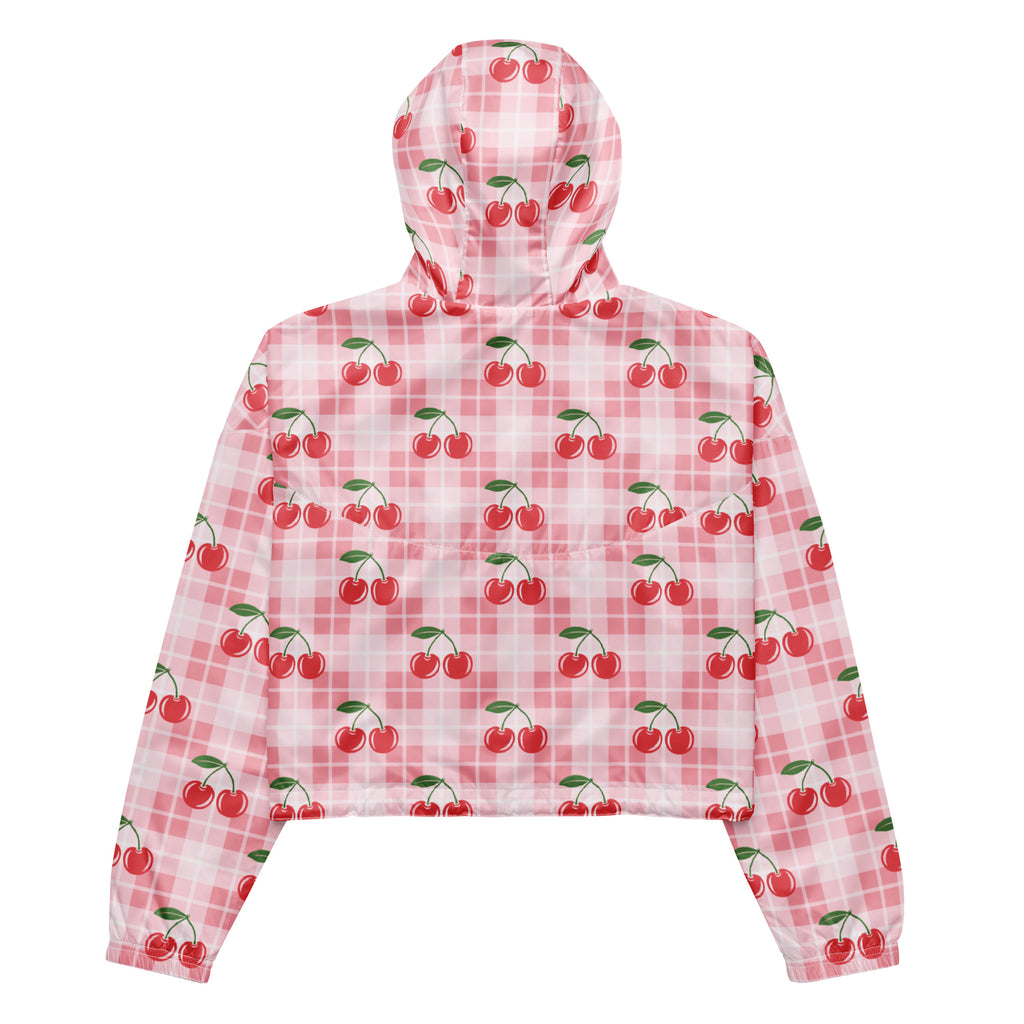 Women’s pink and white checkered hooded windbreaker with red cherry pattern lightweight and water resistant jacket