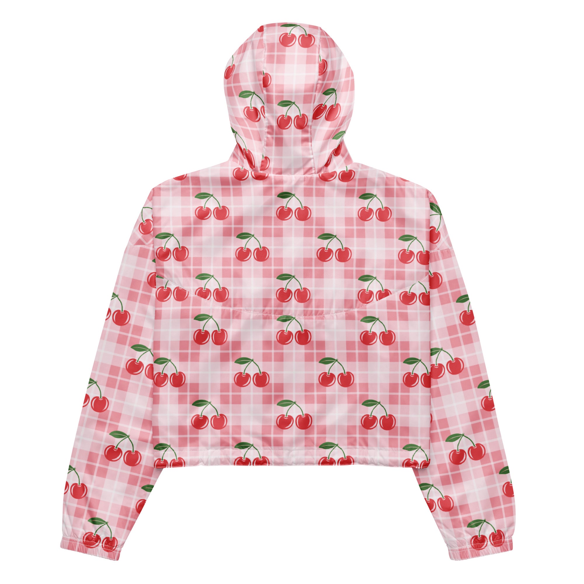 Women’s pink and white checkered hooded windbreaker with red cherry pattern lightweight and water resistant jacket