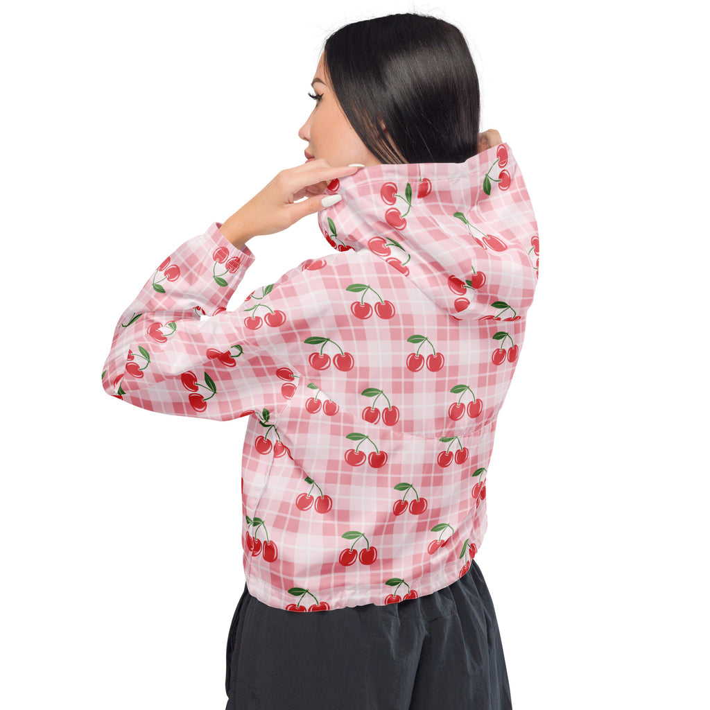 Women’s pink and white checkered cropped windbreaker with red cherry prints lightweight adjustable hood and pockets