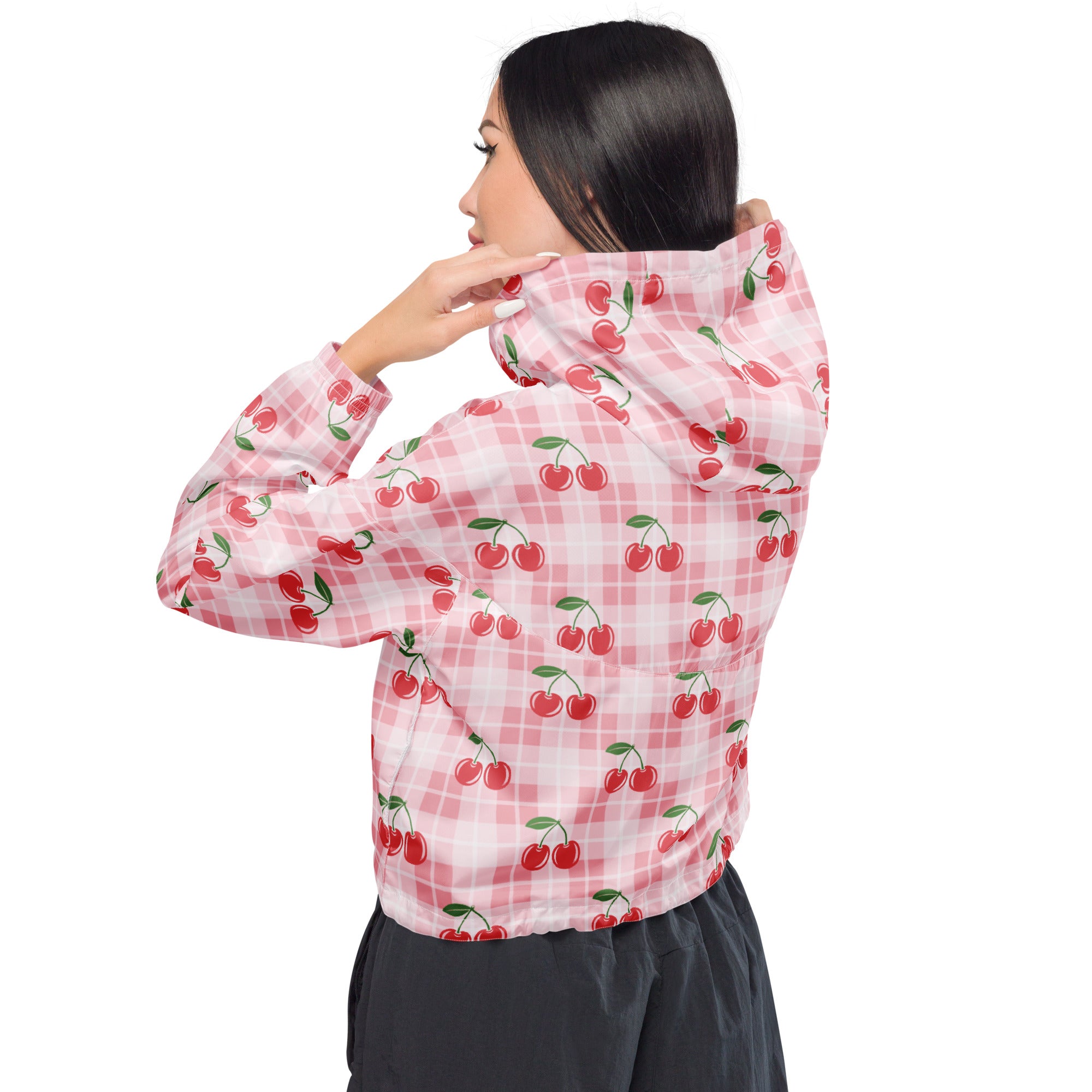 Women’s pink and white checkered cropped windbreaker with red cherry prints lightweight adjustable hood and pockets