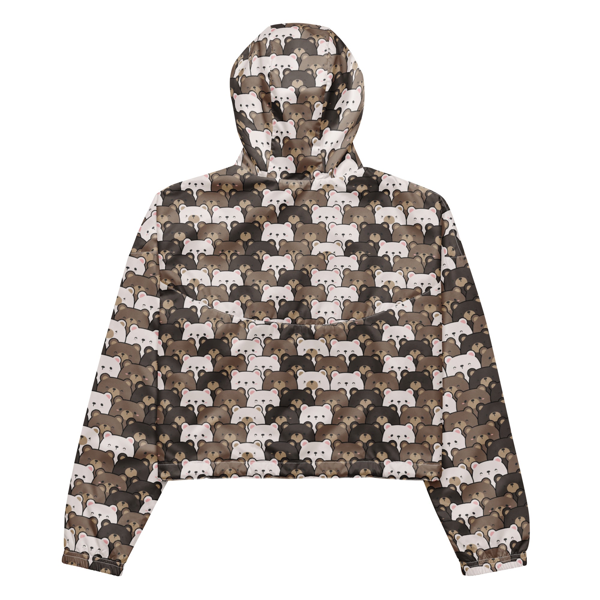 Women’s lightweight water resistant cropped windbreaker with adjustable hood and cartoon bear pattern