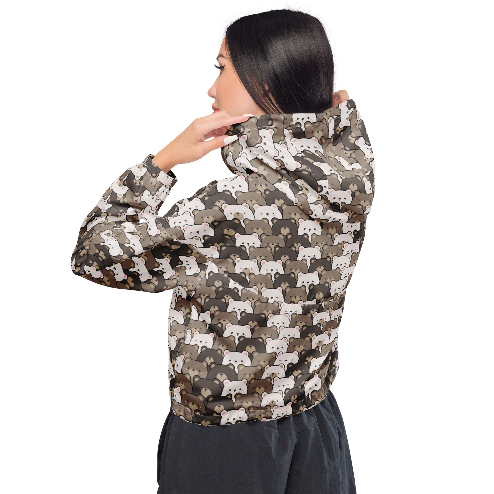 Women’s bear face cropped windbreaker with adjustable hood and pockets featuring cartoon bear pattern in brown white and gray
