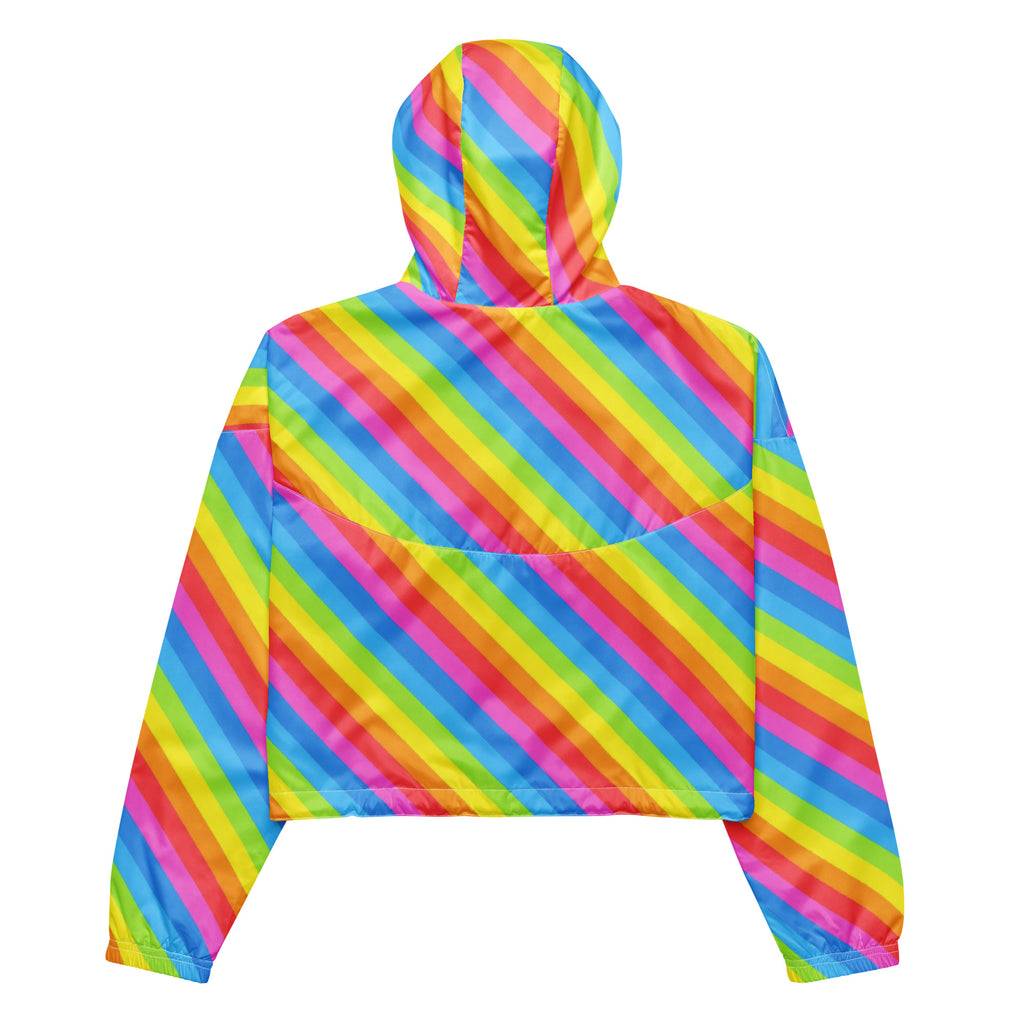 Women’s rainbow stripe cropped windbreaker in vibrant synthetic fabric with adjustable hood and pockets