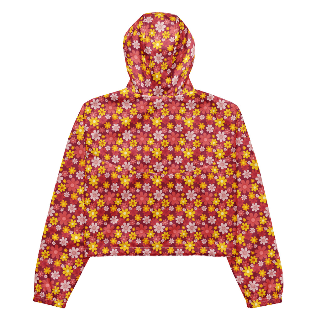 Women’s red floral cropped windbreaker with vibrant pink and yellow daisy-patterned lightweight fabric and adjustable hood