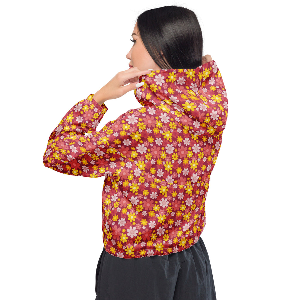 Women’s red floral cropped windbreaker with yellow pink flower pattern lightweight water resistant jacket with hood