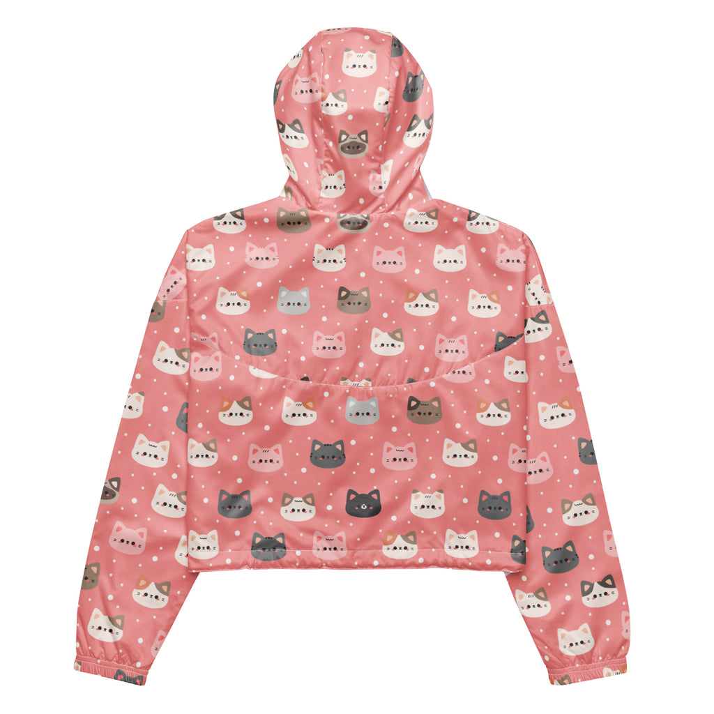 Women’s cute pink cat faces cropped windbreaker with adjustable hood and pockets featuring playful cartoon cats pattern