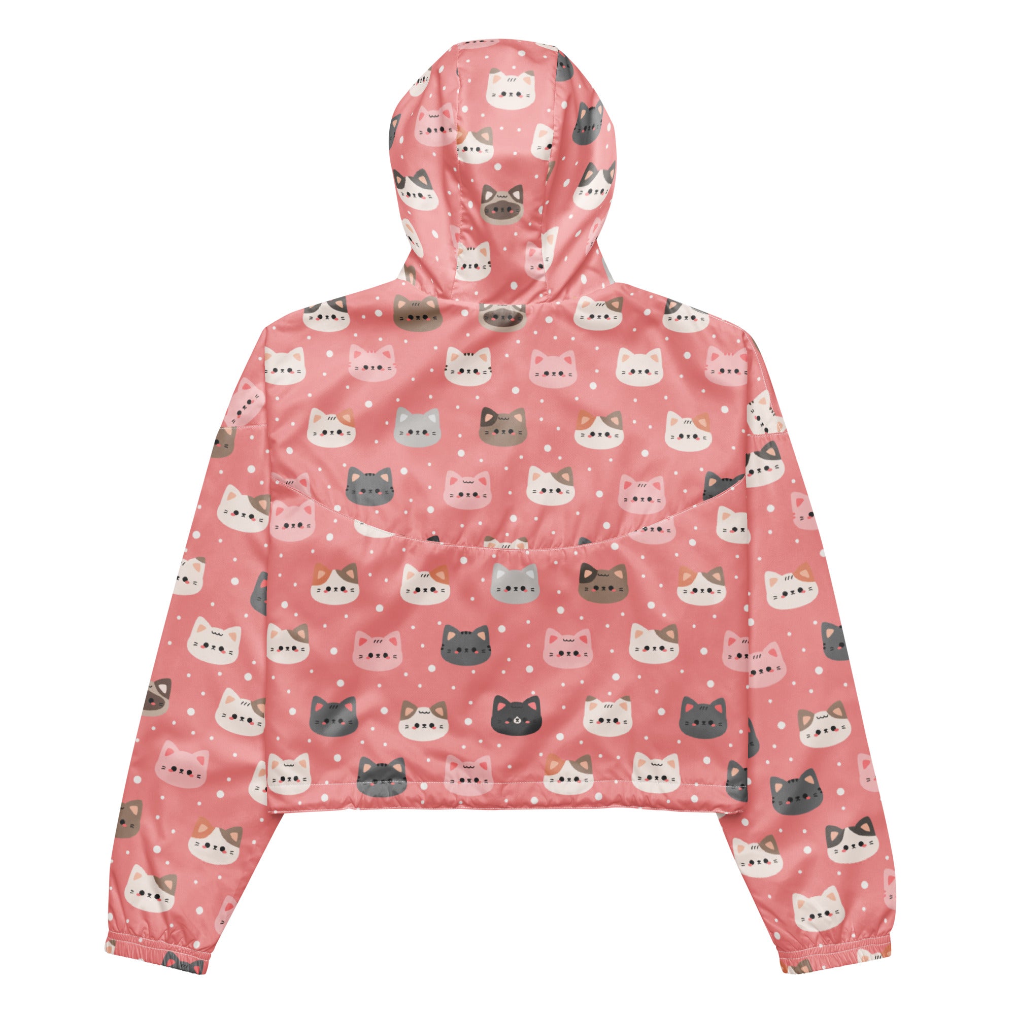 Women’s cute pink cat faces cropped windbreaker with adjustable hood and pockets featuring playful cartoon cats pattern