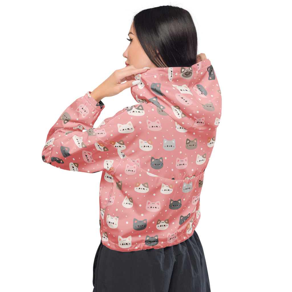 Women’s cute pink cropped windbreaker with adjustable hood and pockets featuring cartoon cat faces pattern