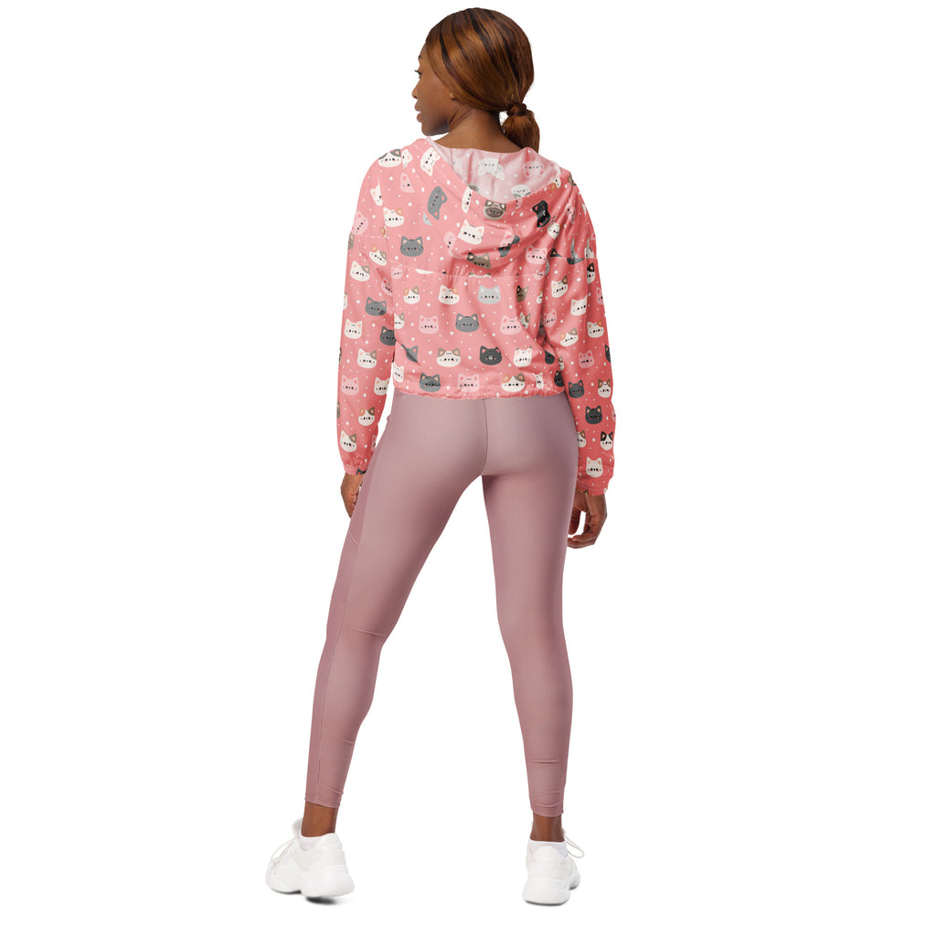 Women’s cute pink cat faces cropped windbreaker with playful pattern hood lightweight and water resistant jacket