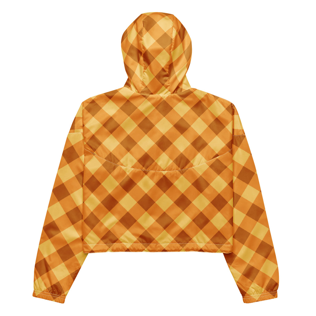 A cropped hooded windbreaker jacket in shiny orange and yellow checkered pattern, lightweight and water resistant