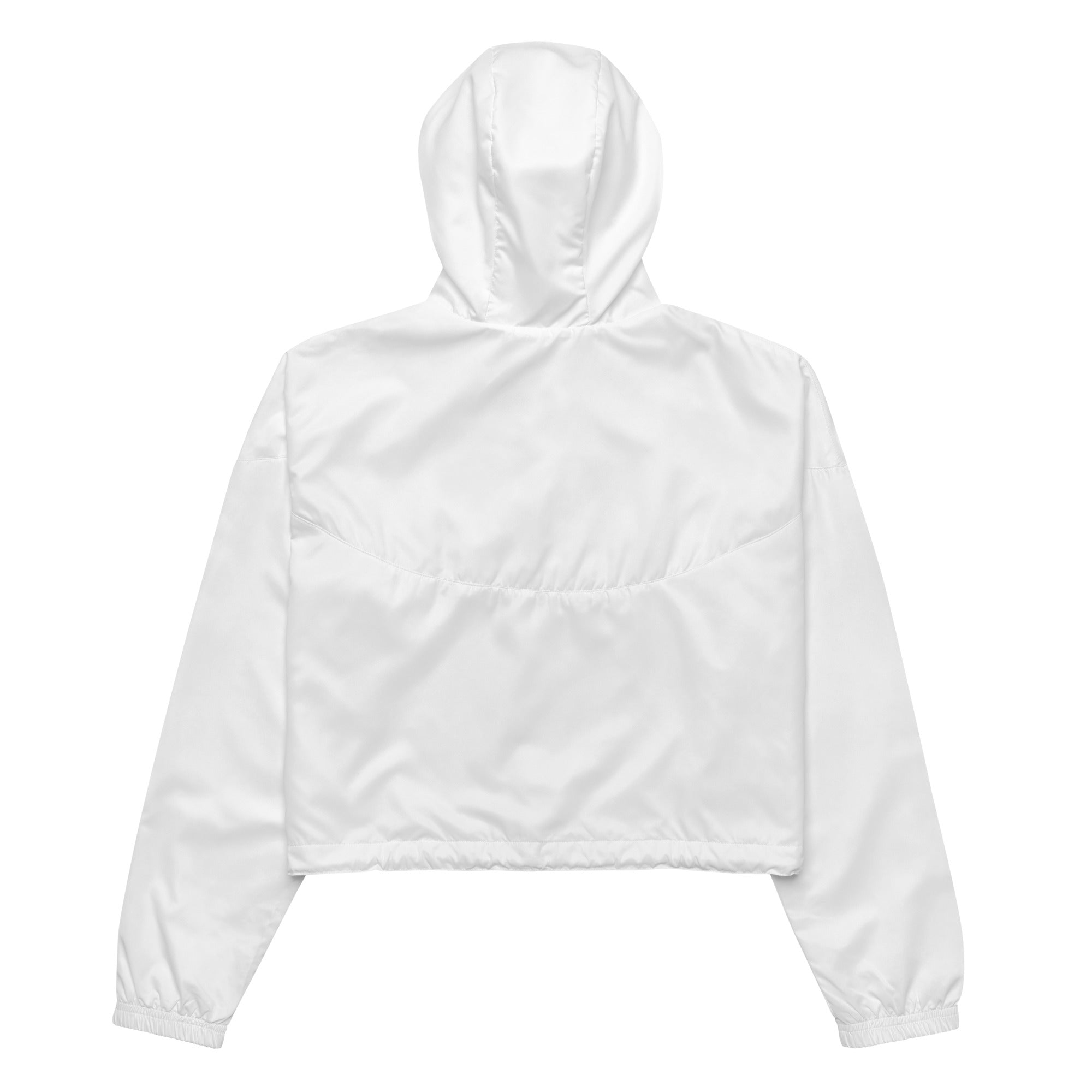 White cropped windbreaker jacket with shiny lightweight fabric, elastic cuffs, adjustable hood, and pockets for women