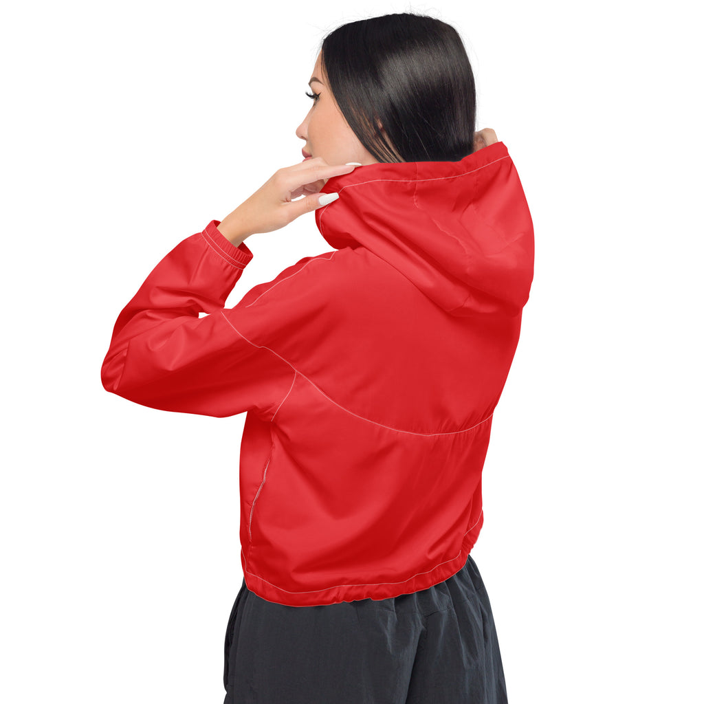 Women’s red cropped windbreaker lightweight water resistant jacket with adjustable hood and subtle white stitching