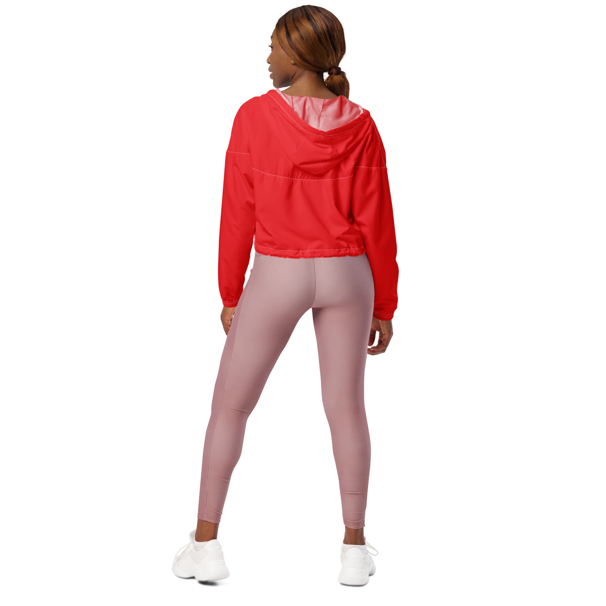 Women’s red cropped windbreaker hoodie with pink lining lightweight water resistant jacket with pockets and adjustable hood