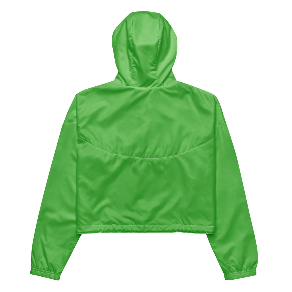Women’s bright green cropped windbreaker with shiny lightweight fabric elastic cuffs adjustable hood and pockets
