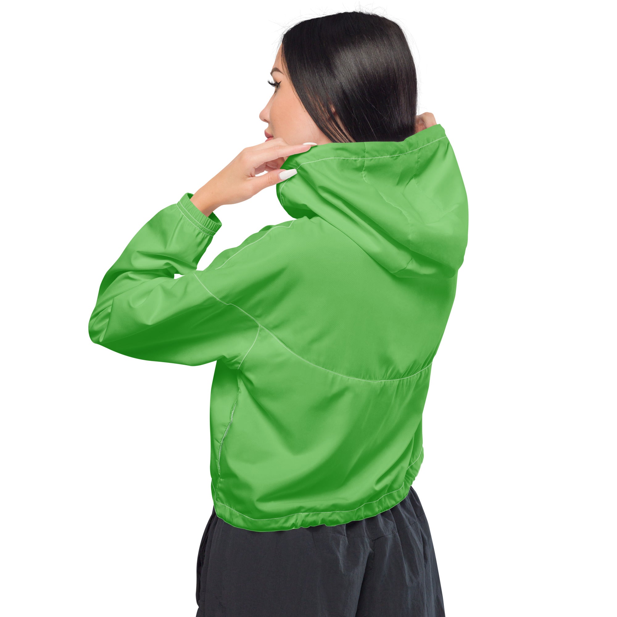 Women’s green cropped windbreaker lightweight water resistant jacket with adjustable hood and pockets showing front side