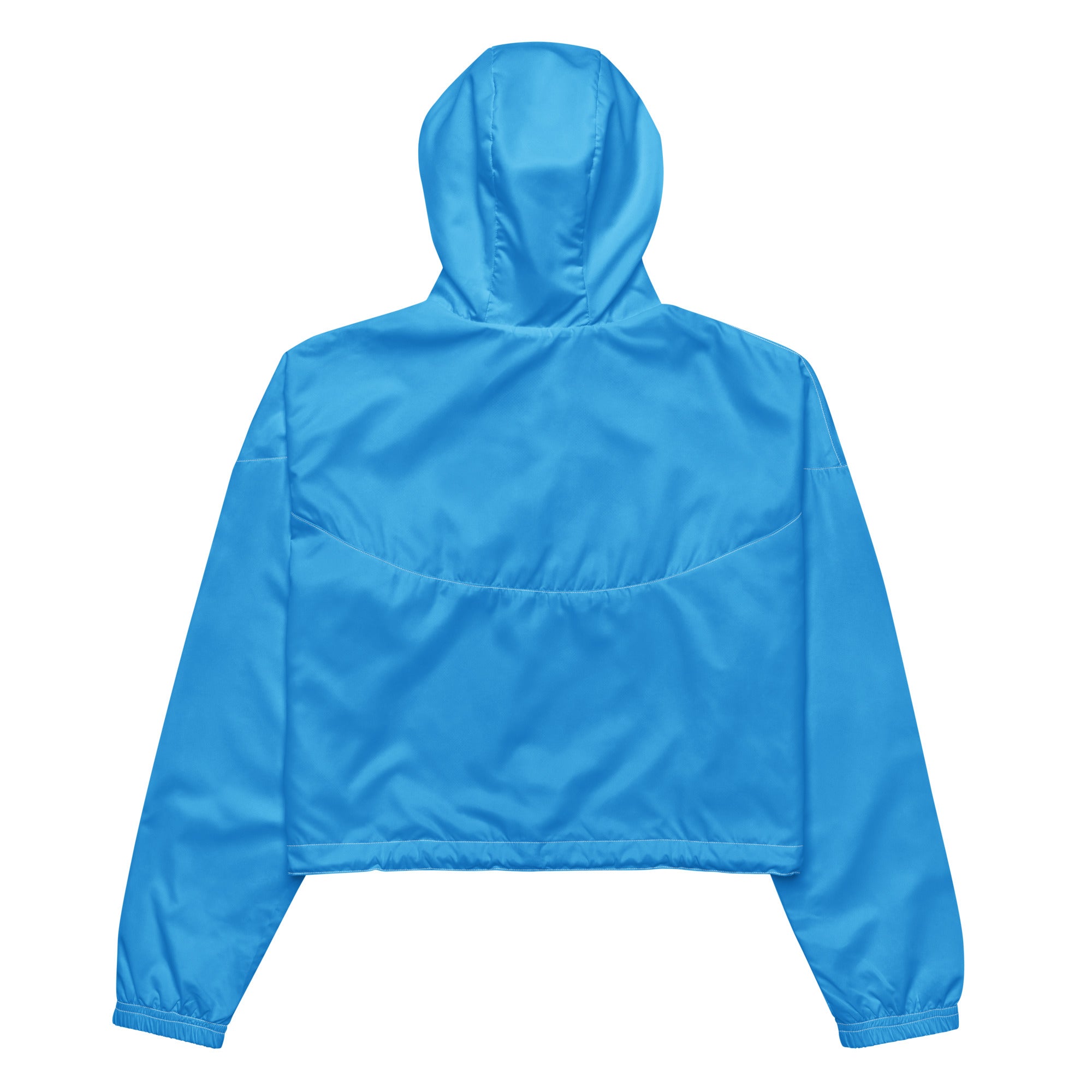 Women’s sky blue cropped windbreaker with shiny lightweight fabric elastic cuffs and adjustable hood and pockets