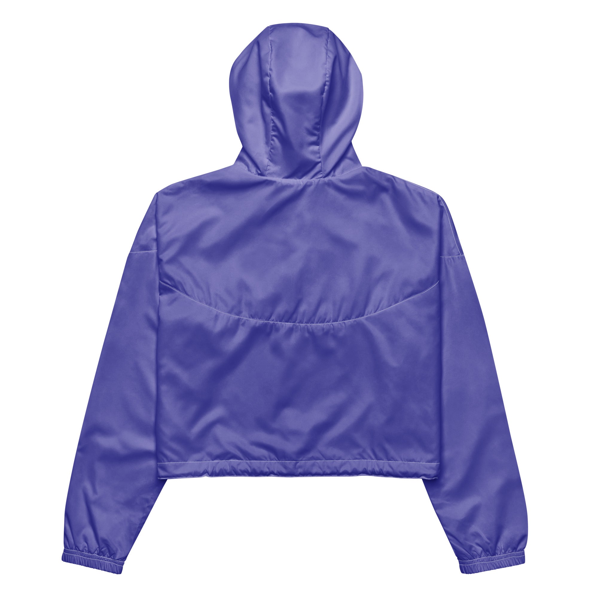 Women’s purple cropped windbreaker jacket with shiny lightweight fabric elastic cuffs and adjustable hood