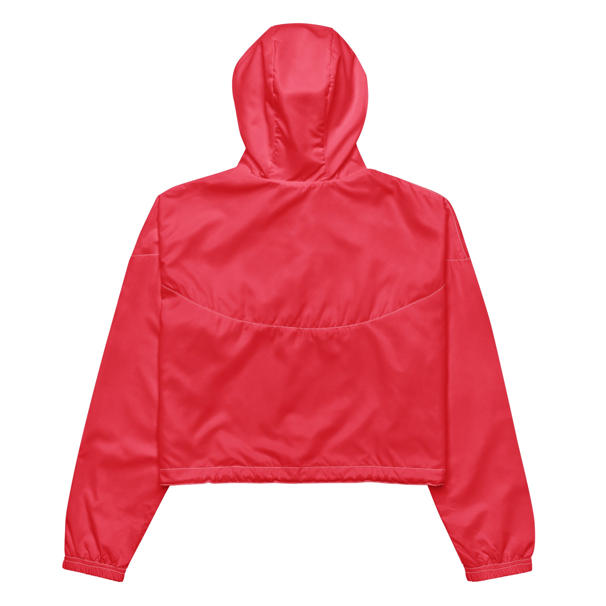 A vibrant red cropped hooded jacket with shiny nylon finish elastic cuffs lightweight and water resistant