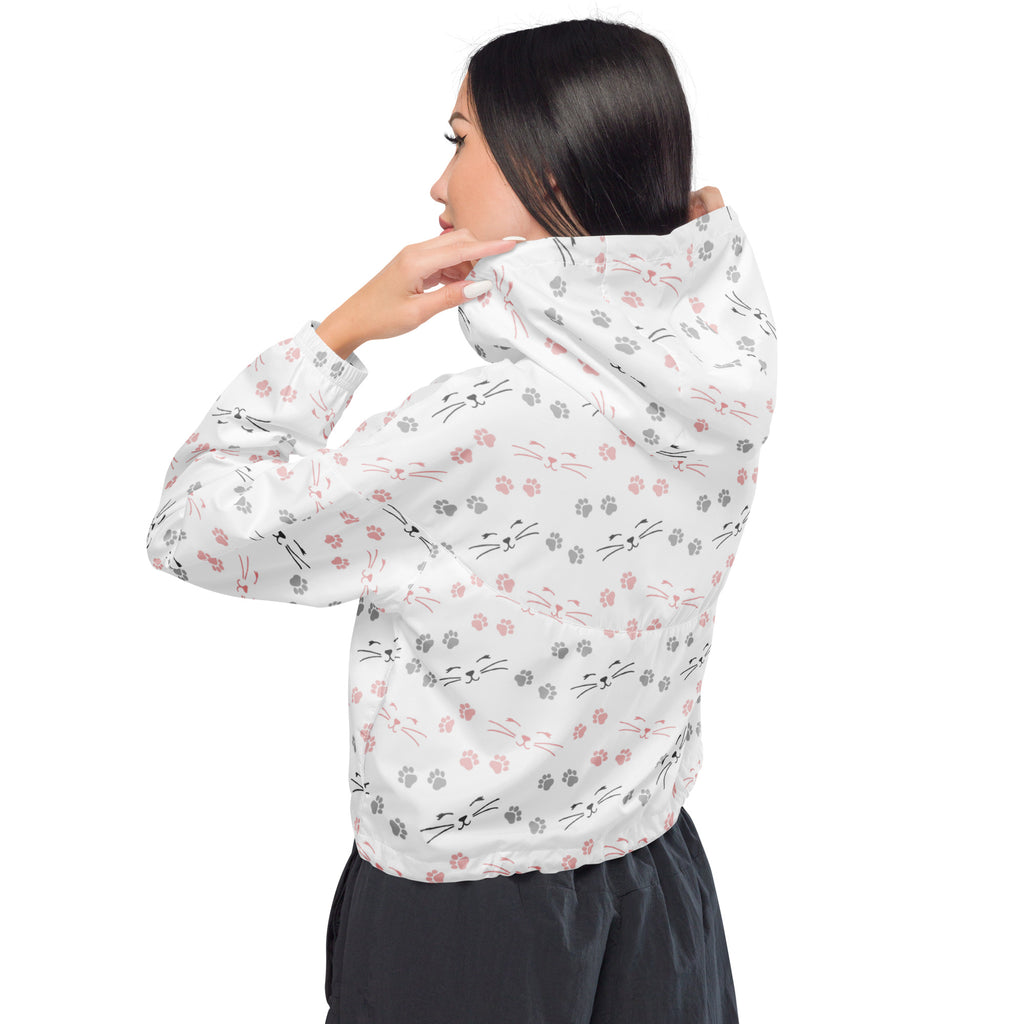 Women’s white hooded cropped windbreaker with pink and gray cat faces and paw prints lightweight water resistant jacket