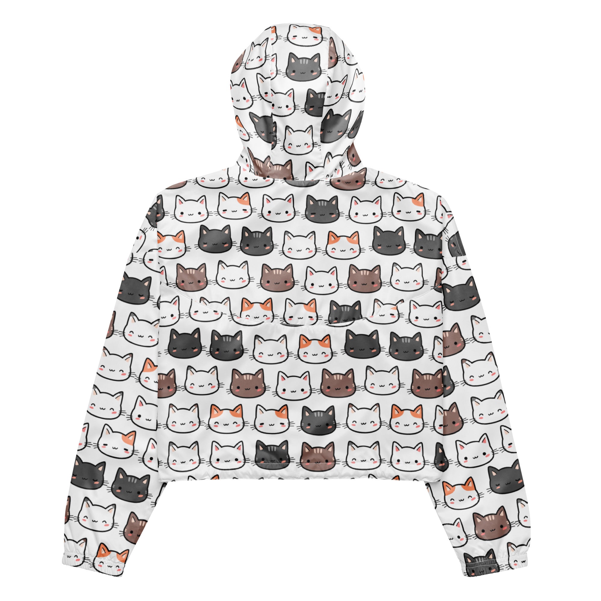 White cropped windbreaker hoodie with colorful cartoon cat pattern lightweight water resistant jacket for women