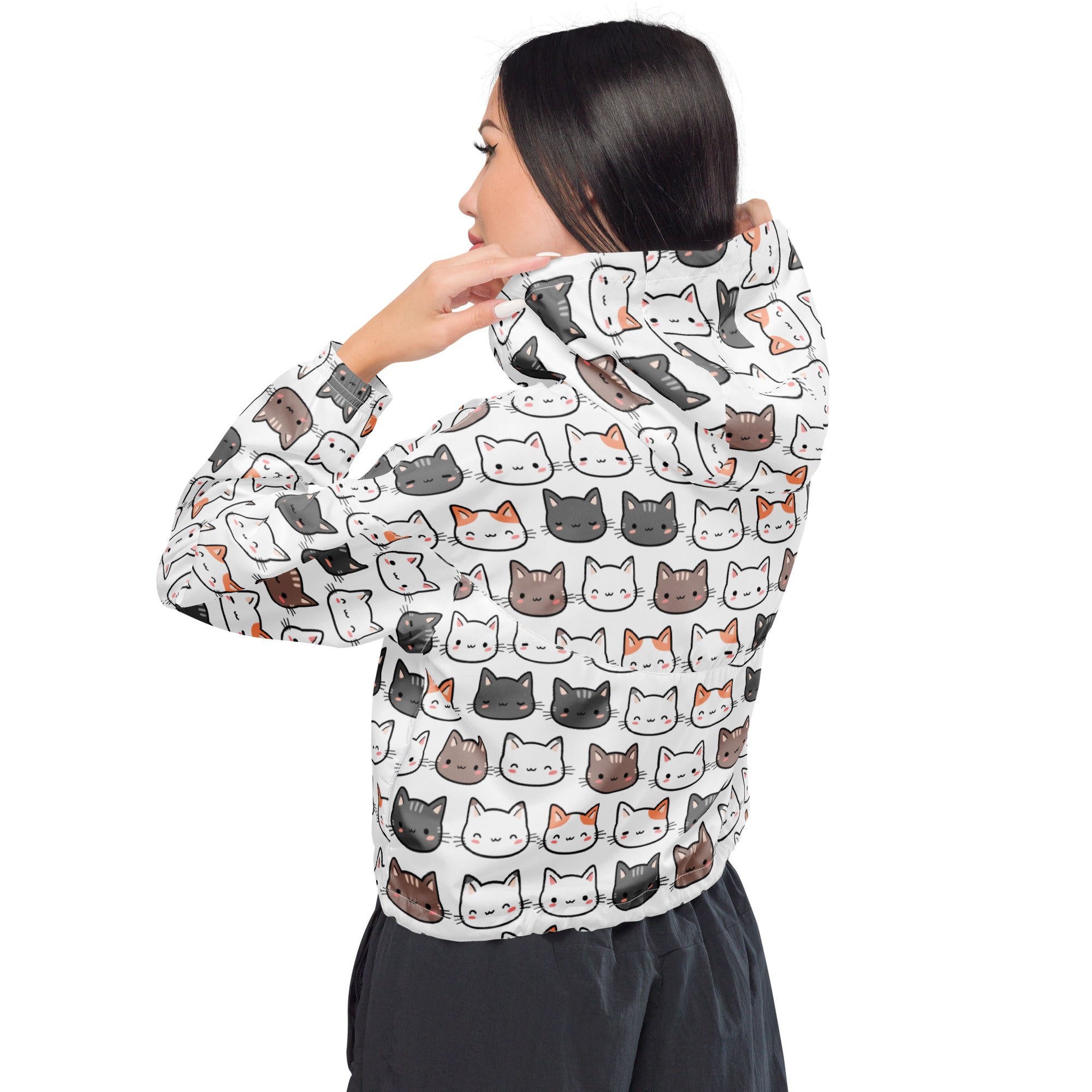 White cropped windbreaker with colorful cartoon cat faces lightweight water resistant jacket with adjustable hood and pockets