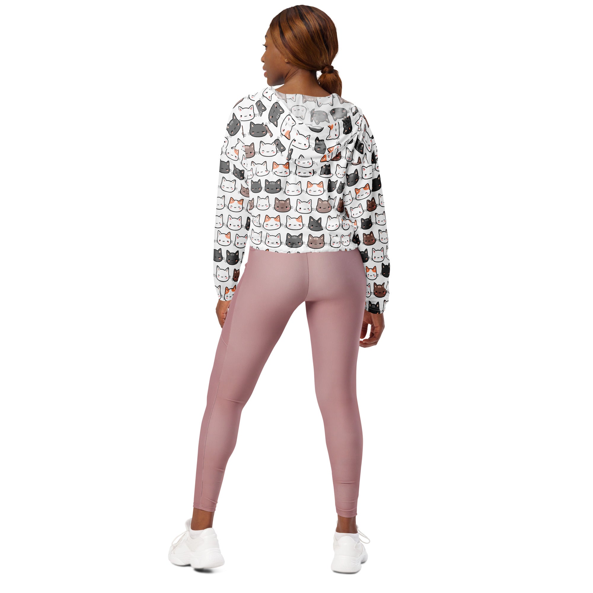 Women’s white long-sleeved cropped windbreaker with colorful cartoon cat faces lightweight and water resistant