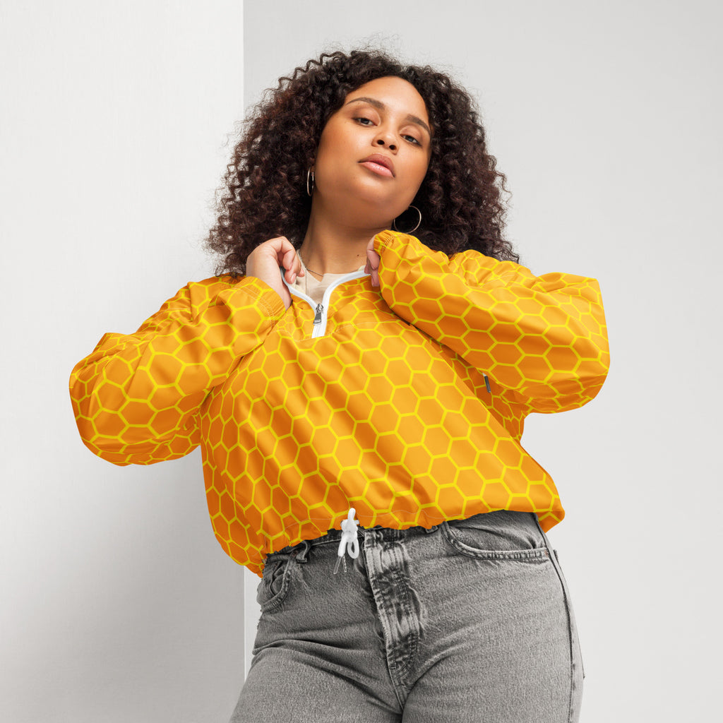 Yellow honeycomb patterned cropped bomber jacket with adjustable hood and pockets lightweight water resistant