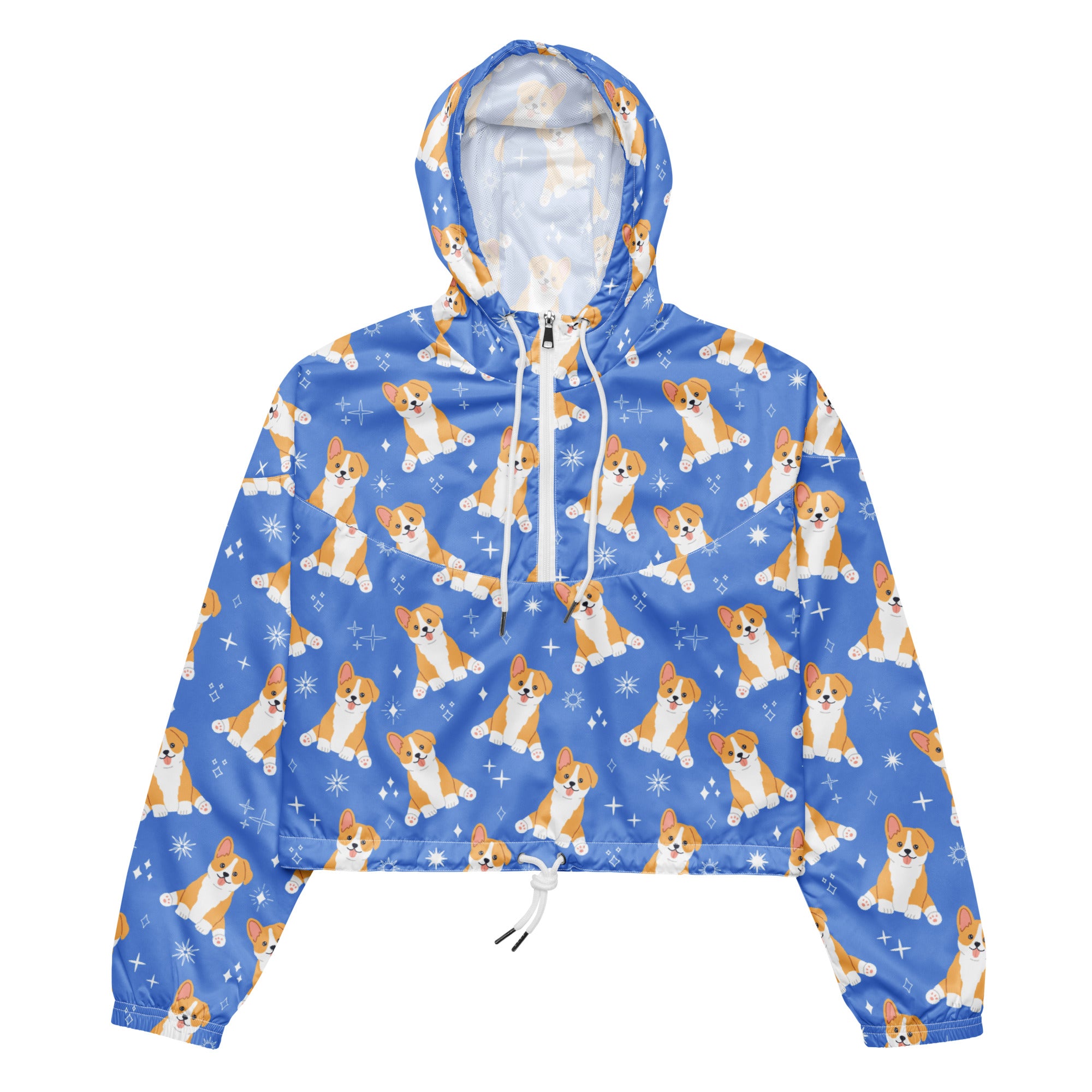Women’s blue cropped windbreaker with cartoon corgi and snowflake pattern lightweight water resistant jacket with pockets