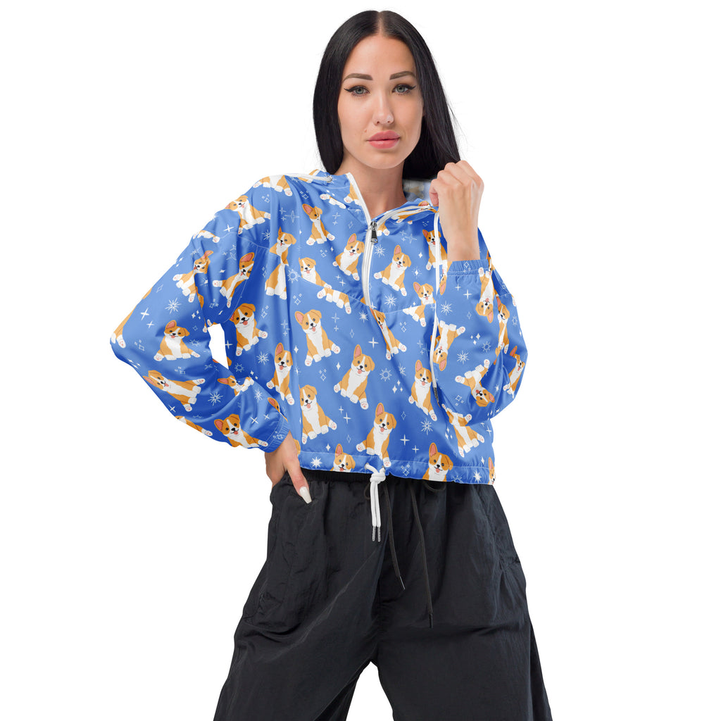 Women’s blue corgi dog cropped windbreaker with front zipper drawstring waist and repeating tan and white corgi pattern