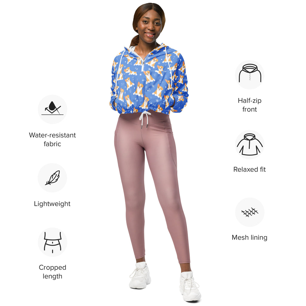 Women’s blue cropped windbreaker with playful light brown corgi dog pattern half-zip front and mesh lining