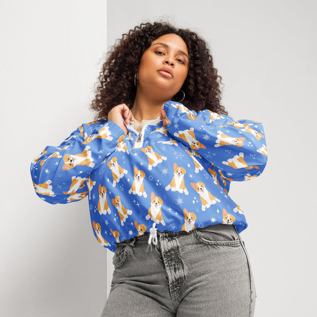 Women’s blue corgi dog cropped windbreaker with playful orange and white corgi pattern snowflakes puffy sleeves