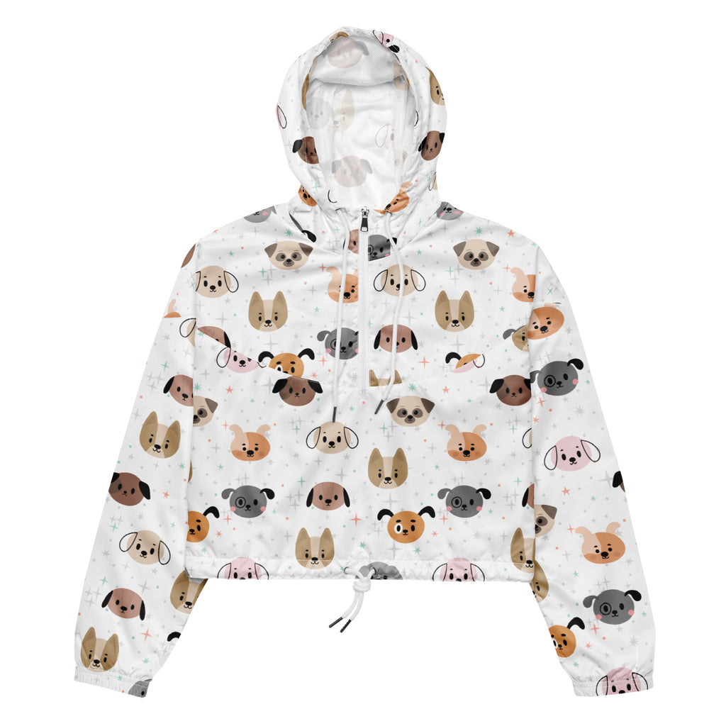 White cropped windbreaker jacket with colorful cartoon dog pattern lightweight water resistant adjustable hood and pockets