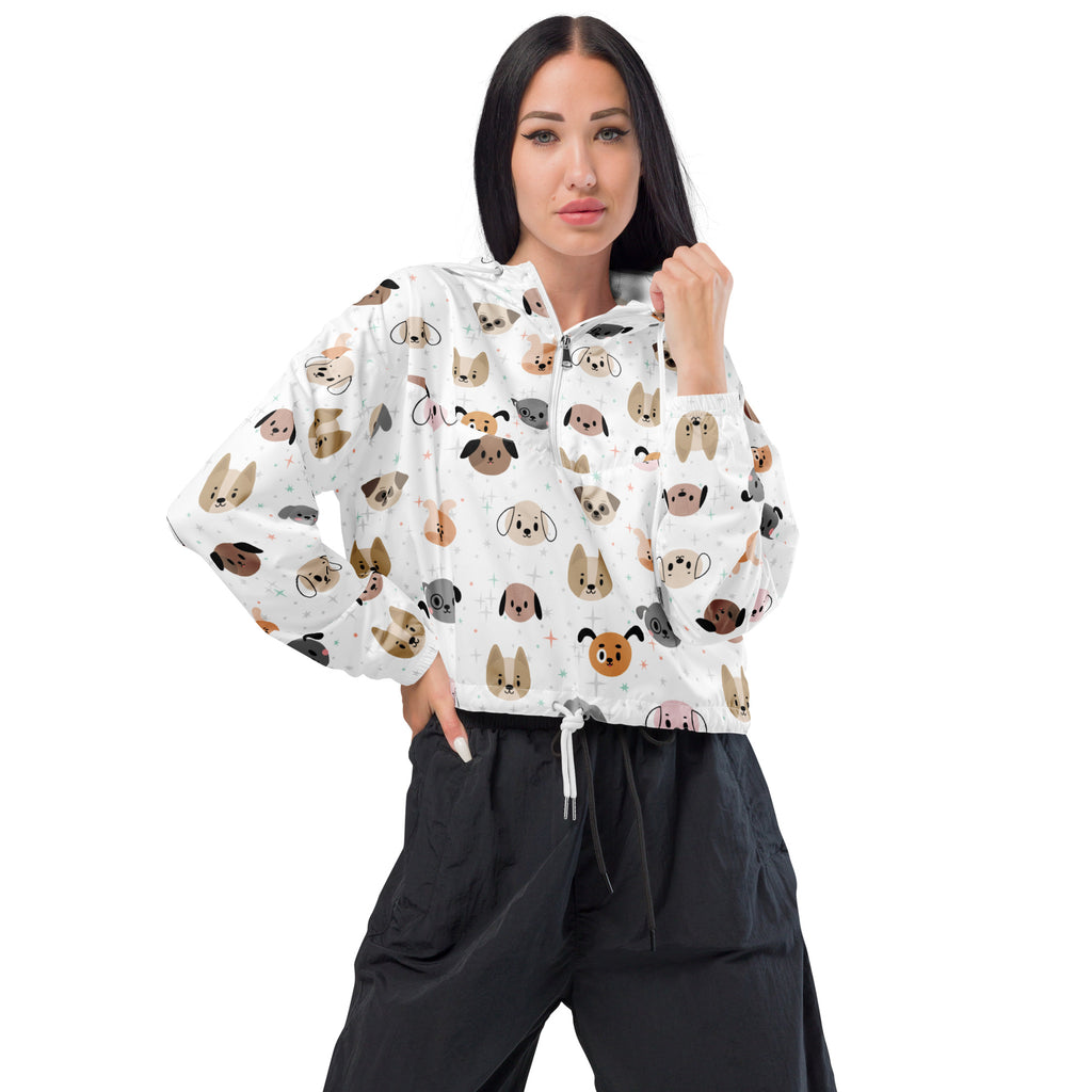 White cropped hoodie jacket with playful cartoon dog pattern lightweight water resistant with adjustable hood and pockets