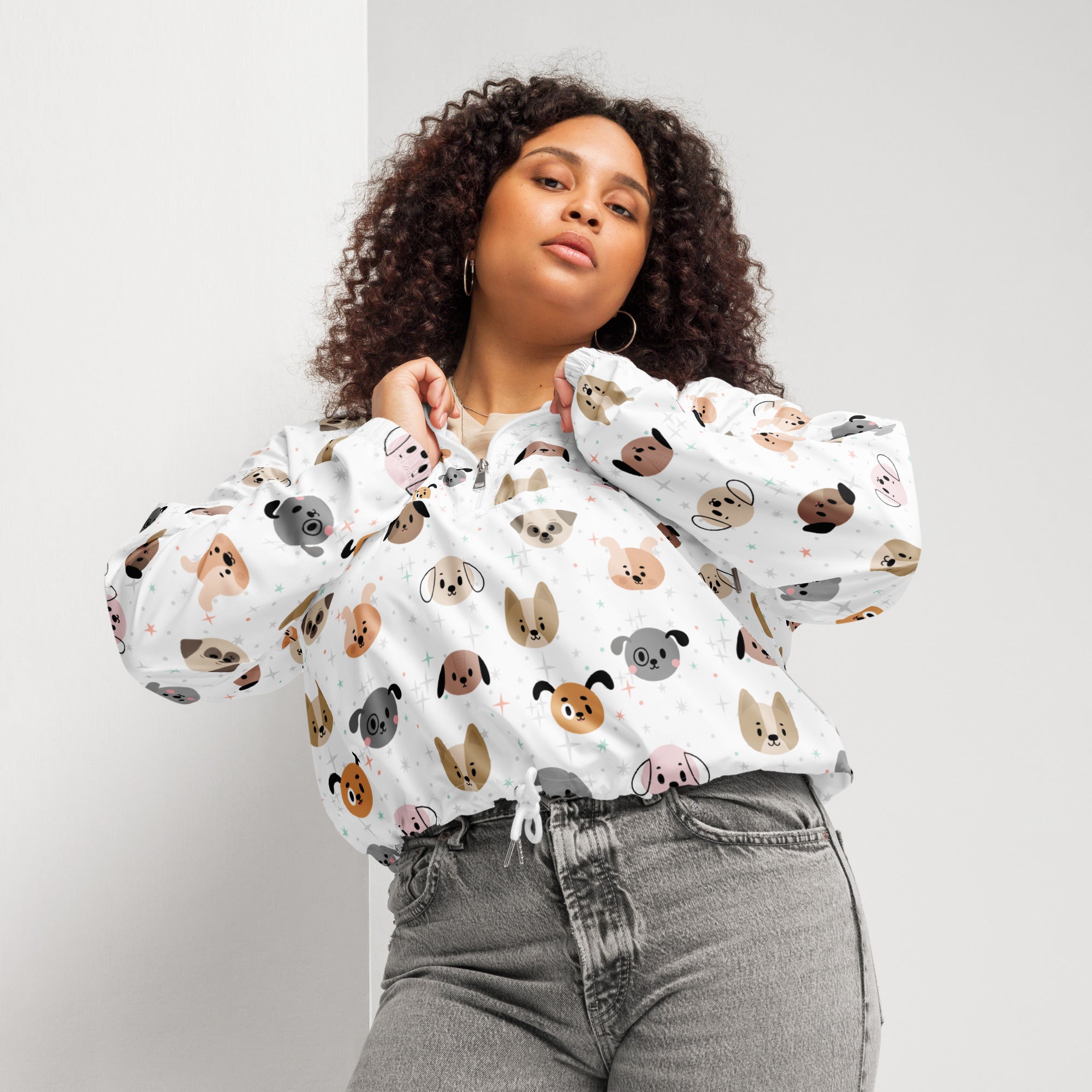 White cropped windbreaker jacket with colorful cartoon dog pattern lightweight water resistant with adjustable hood and pockets