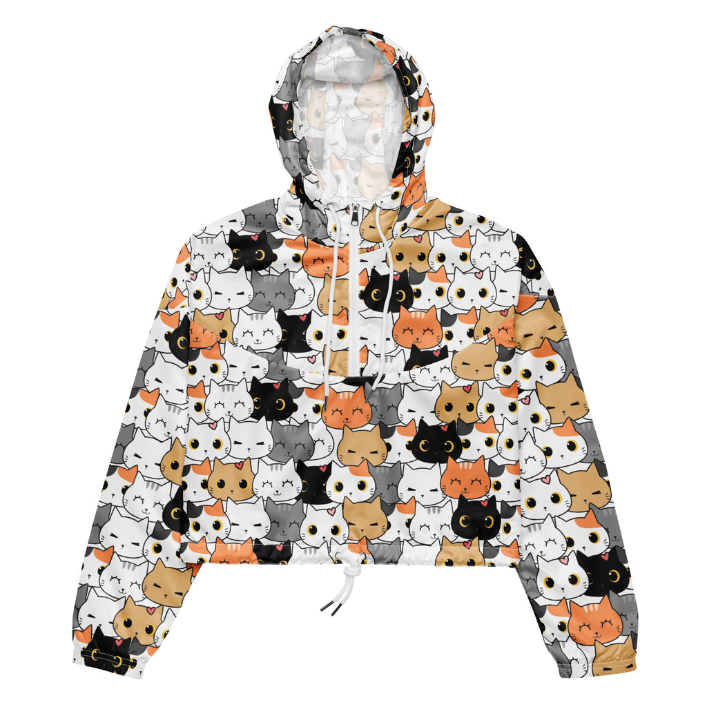 Women’s white cropped hooded windbreaker with playful black orange gray and white cartoon cat print and adjustable hood