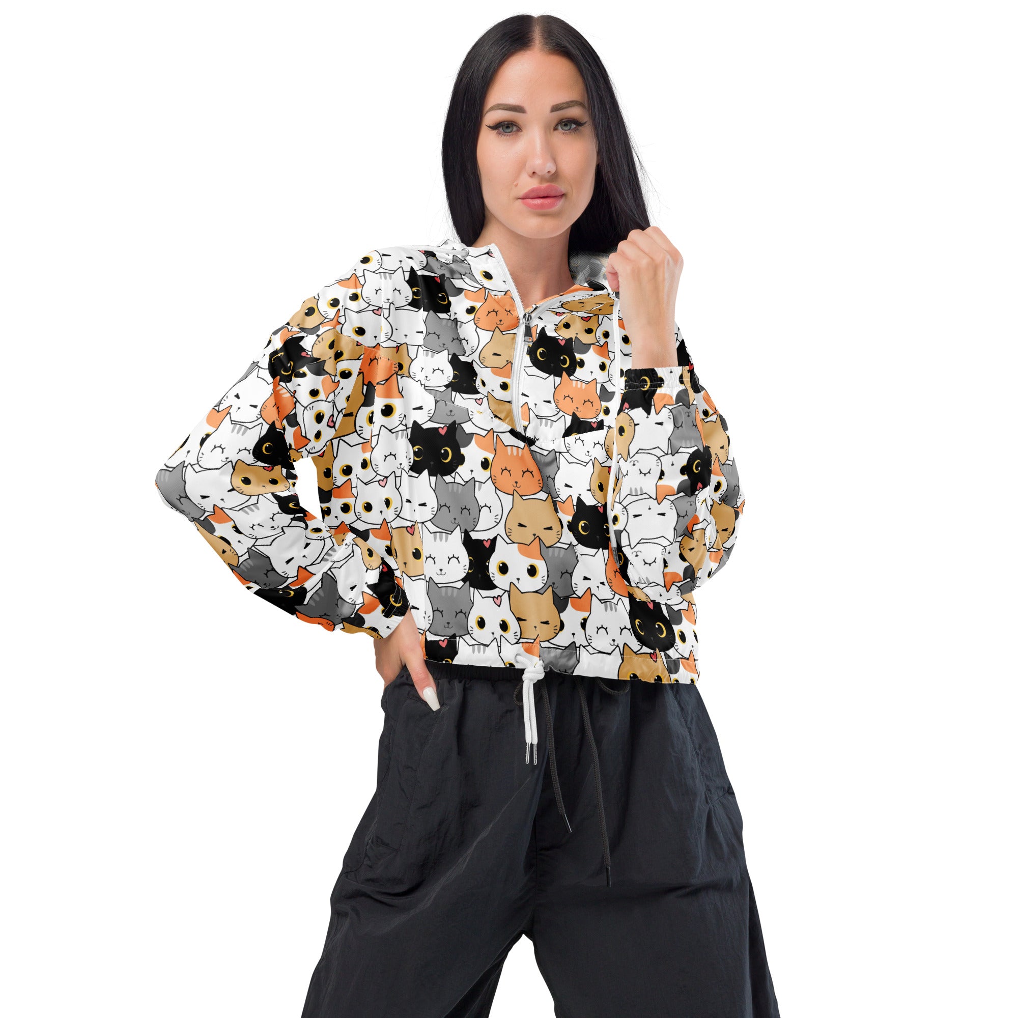 Women’s white cropped windbreaker with playful colorful cartoon cat print lightweight water resistant jacket