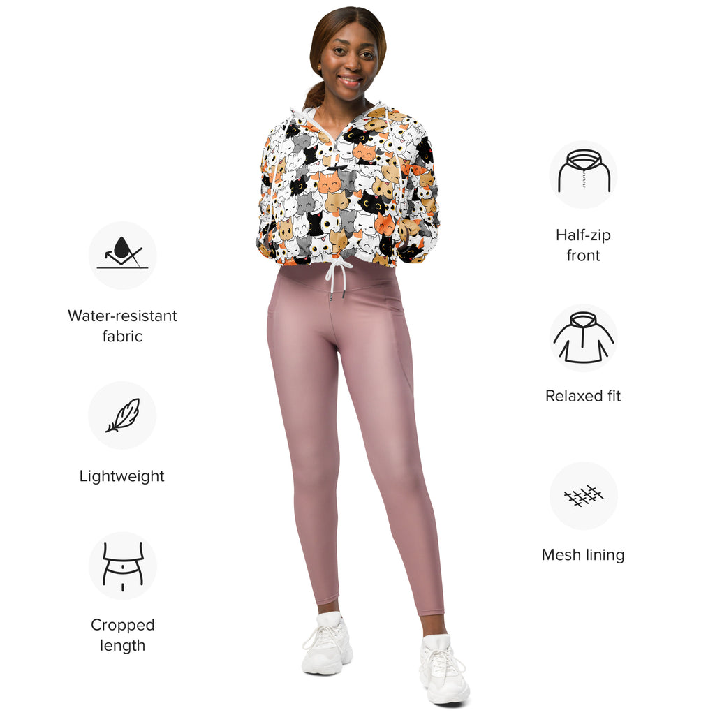Women’s cat face cropped windbreaker in lightweight water resistant fabric with black white and orange cat print