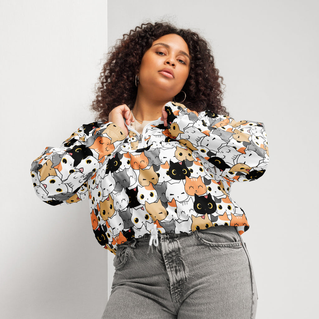 Women’s lightweight water resistant cropped windbreaker with adjustable hood and playful cartoon cat print hoodie