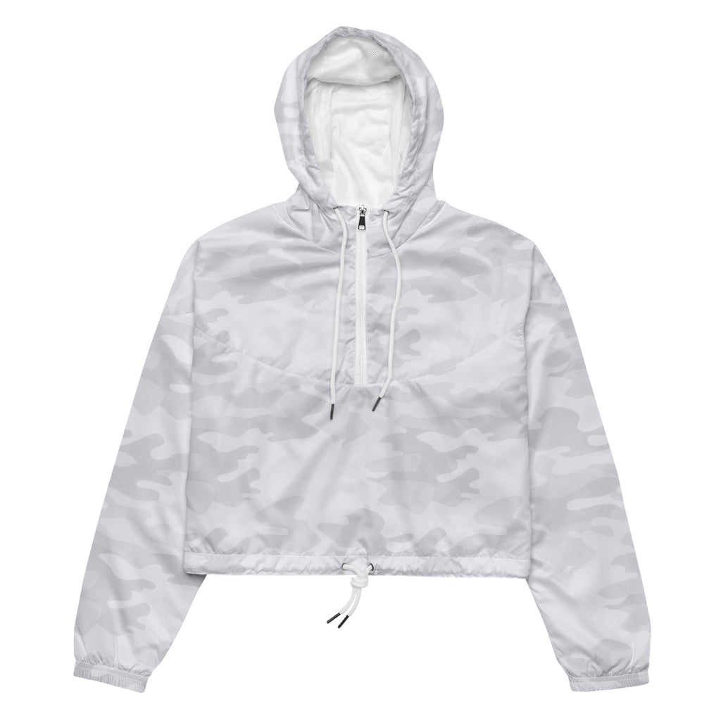 Women’s white camouflage cropped windbreaker with half-zip front hood and drawstring cuffs lightweight jacket