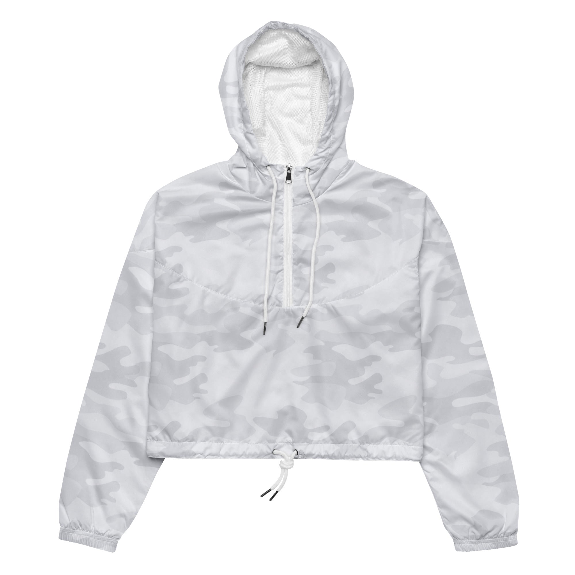 Women’s white camouflage cropped windbreaker with half-zip front hood and drawstring cuffs lightweight jacket