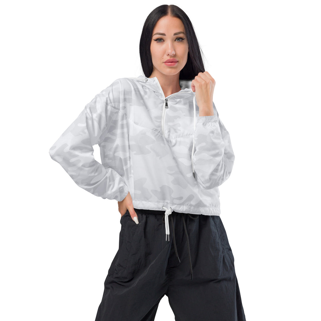 Women’s white camouflage cropped windbreaker jacket with half-zip front and adjustable drawstring waist pockets