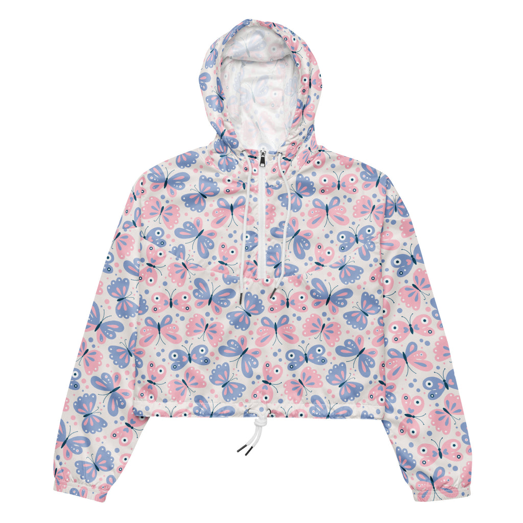 Women’s pastel butterfly cropped windbreaker hoodie with pink and blue pattern and white interior lining